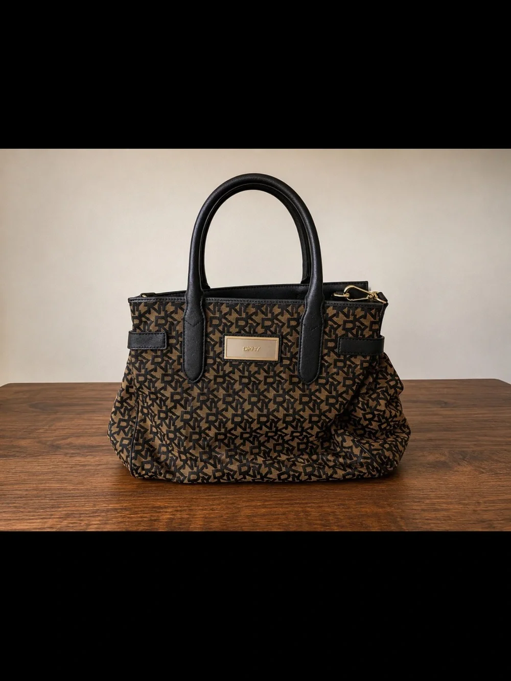 DKNY Brown Monogram Satchel with Black Trim and Gold Plate
